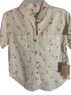 Rae Dunn Linen Floral Shirt Sz Small Button front NWT Patch Pockets